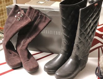 Hunter Rain Knee High Boots Size 7 And La Canadienne Brown Suede Boots Size 7.5 M