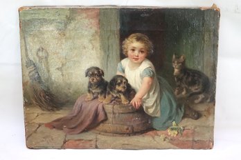 Victorian Signed Oil Painting On Canvas Of Little Girl With Puppies & Cat