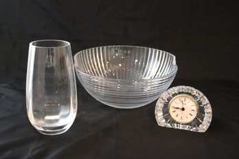 Large Modern Glass Bowl, Glass Vase And Quartz Clock In Glass Case.