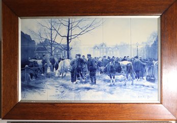 Tony Offermans Signed Delft Blue And White Tile Scene Of Animal Market In Town.