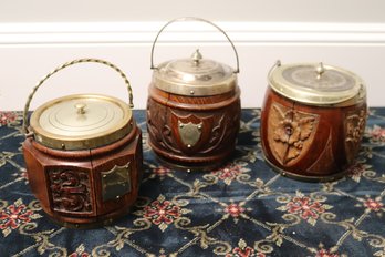 Vintage English Carved Wood Barrel Biscuit Jars With Handles
