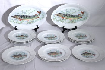 Set Of 12 Fish Plates And 2 Platters Made By Couleuvre Ligne Limoise, France.