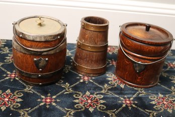 Vintage English Carved Wood Barrel Biscuit Jars With Handles