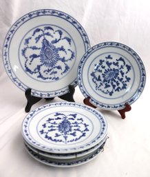 Lot Of Vintage Chinese Blue, White Plates With Blue Circle Mark On Underside.