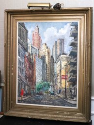 MCM Textured Painting Of Downtown Manhattan Signed Ernest Gyimsy Kasas, 1955