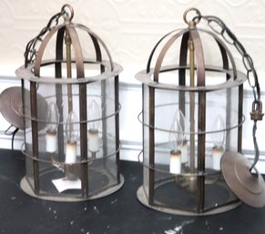 Pair Of Electrified Hall Lanterns With Glass Panels & 3 Lights Each