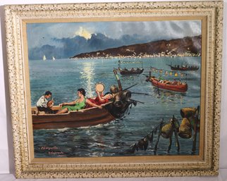 Signed Italian O/C Painting Of Piedigrotta, Napoli, Of Boats With Lanterns And Serenaders.