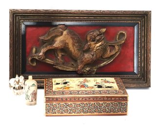 Vintage Embossed Carved Wood Dragon Plaque, Antique Trinket Box With Battle Scene, Hand Painted Snuff Bott