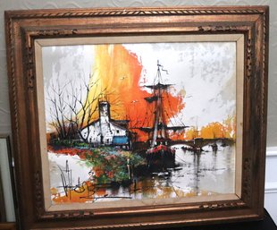 MCM Painting Of Sailboat, Bridge & House Signed By Artist In Carved Wood Frame