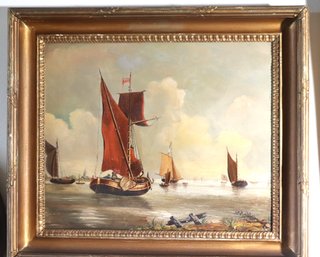 Antique Signed Dutch Maritime Scene Oil On Canvas In Giltwood Frame.