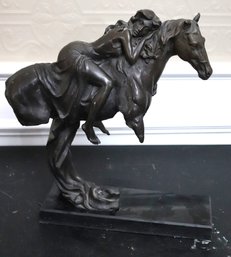 Bronze Statue Of Unusual Horse With Adoring Female Rider On Black Marble Base