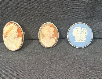 Sterling Silver Lot Of 3 Cameo Brooch Pins