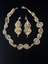 Gold And Silver Wire Mesh Necklace With Matching Earrings