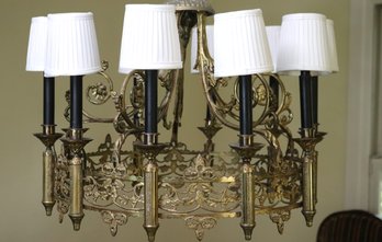 Antique Neo- Gothic Style 10 Light Brass Chandelier In Working Condition.