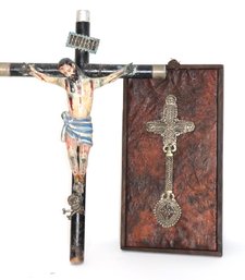 Vintage Mexican Carved Wood Folk Art Christ On The Cross, Includes A Vintage Metal Cross With Leather Matt
