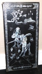 Antique Lacquered Panel With Beautiful Mother Of Pearl Inlay Of Asian Farmers Walking On Bamboo Planks In