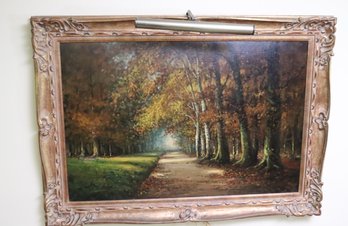 Signed Landscape Oil Painting On Board Of Country Road With Trees