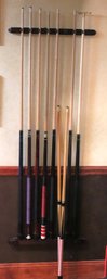 Wall Rack With 6 Pool Cues, 2 Short/ Kid Size And Helper Stick.