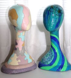 Large Handcrafted/painted Papier Mache Female Bust Art Sculptures With Puzzle Pattern And Swirled Design