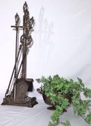 Antique Style Fireplace Tools With Stand And Brass Planter With Faux Ivy.