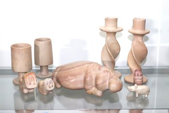 Collection Of Polished Carved Stone Includes Hippo, Candlesticks, Cups & Cute Little Animal Miniatures