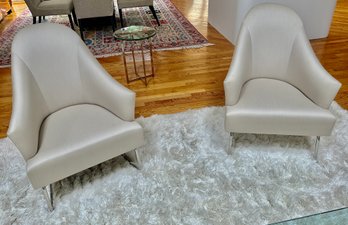 Pair Of Vintage Donghia Occasional Chairs Upholstered In Taupe Silk And Tubular Chrome Bases.