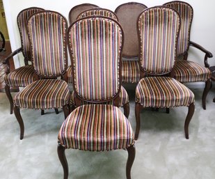 Lot Of 8 Country French Tall Back Dining Chairs With Striped Velvet Upholstery.