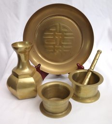 Lot Of Vintage Brass Items With Two Mortars, Vase, And Chinese Dish.