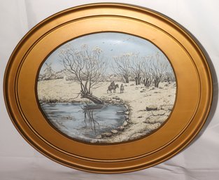 Signed And Framed Porcelain Platter Of Dutch Winter Landscape And Travelers