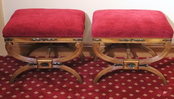 Pair Of Quality French Louis XVI Style Carved Wood Vanity Stools With Custom Red Upholstery