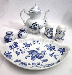 Richard Ginori, Blue And White Serving Dish, 2 S/P, And Teapot With Blue Onion Pattern.