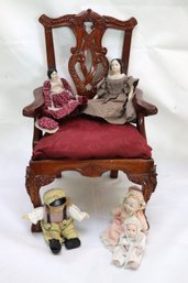 Childs Replica Chippendale Armchair & 5 Antique Bisque Head Dolls.