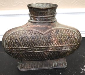 Unique And Heavy Chinese Bronze Vase With Primitive Ethnic Embossed Detail This Vase Weighs Over 25Lbs!