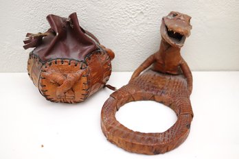 Vintage Crocodile Leather Bucket Pouch And Stand Decor On Wood