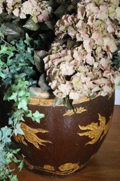 Tall Faux Silk Tree With Wooden Trunk In A Large Chinese Stoneware Jardiniere Planter With Koi Fish Design.