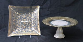 Two Mid Century Gilt Glass Serving Pieces With Pedestal Tray And Square Platter.