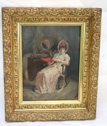 Oil Painting On Board Of 19th Era Elegant Lady At Her Dressings Table
