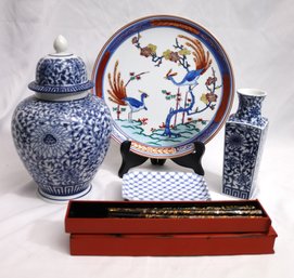 Japanese Ginger Jar, Vase, Imperial Ware Plate & 6 Embellished Chopsticks.