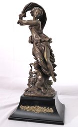 Patinated Cast Brass / Bronze Figurine Of Beautiful Neoclassical Woman, Satyr On Black Painted Base - Ormolu