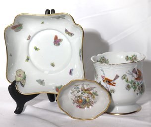 Lot Of Three Decorative Porcelain Pieces With Limoges Butterfly Bowl And 2 Other Pieces. Sizes 4-6