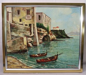 Vintage Italian O/C Painting Of Marechiaro, Napoli With Gondolas On The Bay, And Tower Walls, Signed.