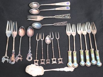 Lot Of Vintage Sterling And 800 Silver Items With Art Nouveau Enamel Fruit Forks, And  Souvenir Forks.