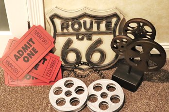 Lot Of Movie Related Decorations With Metal Film Reels, Movie Tickets And Wooden  Route 66 Sign.