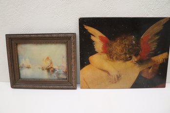 Vintage Prints Including A Cherub With Mandolin On Board And Sail Ships In The Harbor