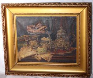 19th Century Dutch Still Life Oil Painting On Canvas With Baroque Tea Set And Cookies