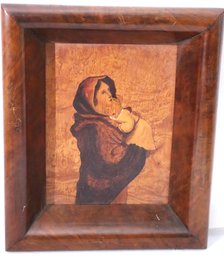 Antique Inlaid Burlwood Artwork Of Madonna And Child In A Thick Burlwood Wooden Frame.