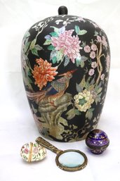 Chinese Hand Painted Jar, 2 Miniature Egg-shaped Pill Boxes And Magnifying Glass.
