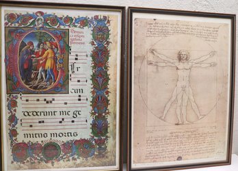 Vitruvian Man By Leonardo Da Vinci Framed Poster Print And Vintage Illuminated Choral Manuscript Print