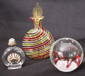 Three Vintage Art Glass Pieces - 2 Perfume Bottles And A Paperweight.