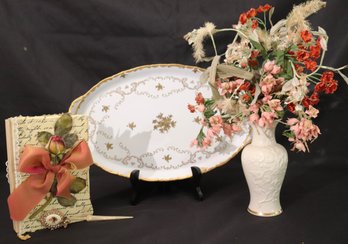 Reichenbach Gold And White Porcelain Platter, Lenox Vase And Diary With Bejeweled Bookmark.